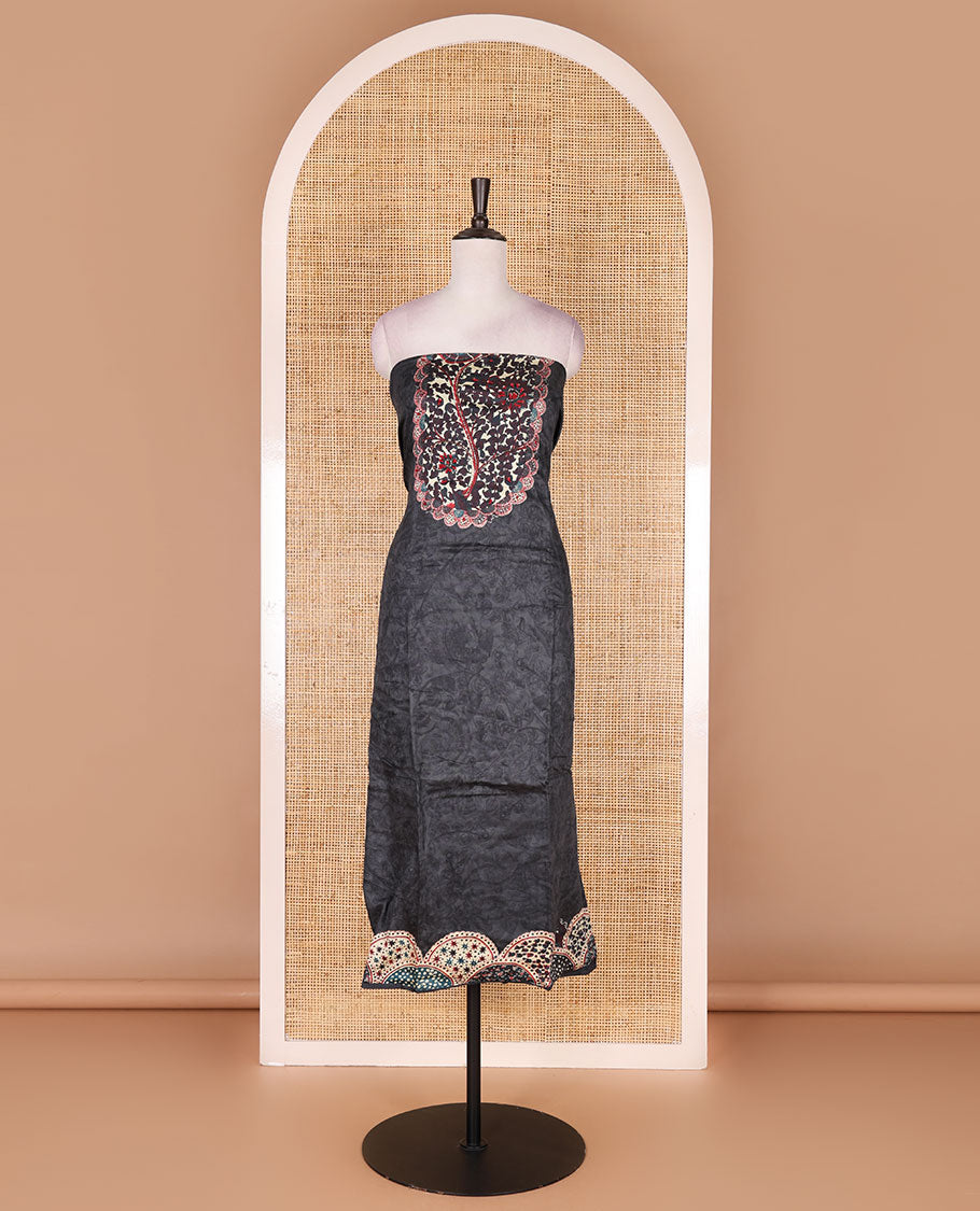 Dark grey pure cotton material chudidar set, floral print with French knot and bead work top, plain cotton bottom, and floral-geometric printed dupatta