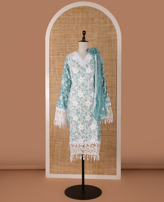 Blue chudidar material set, floral embroidery with daman crochet lace work jam cotton top, white thread argyle design embroidery with lace work nazlin dupatta, unique motifs printed bottom