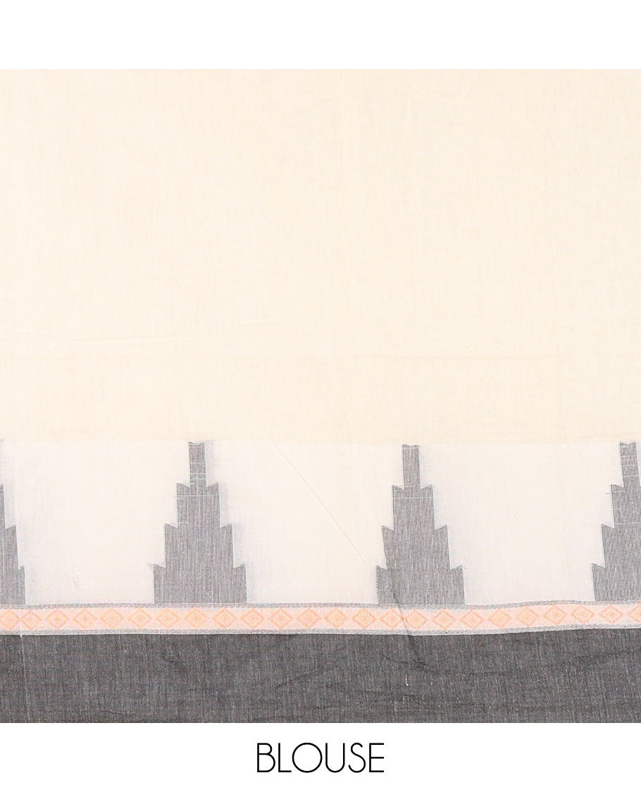 Off-white Plain Khadi Mul Cotton Saree, Complemented by a Contrast Temple Border, Textured Pallu of Temple Designs, and Paired with a Matching Blouse