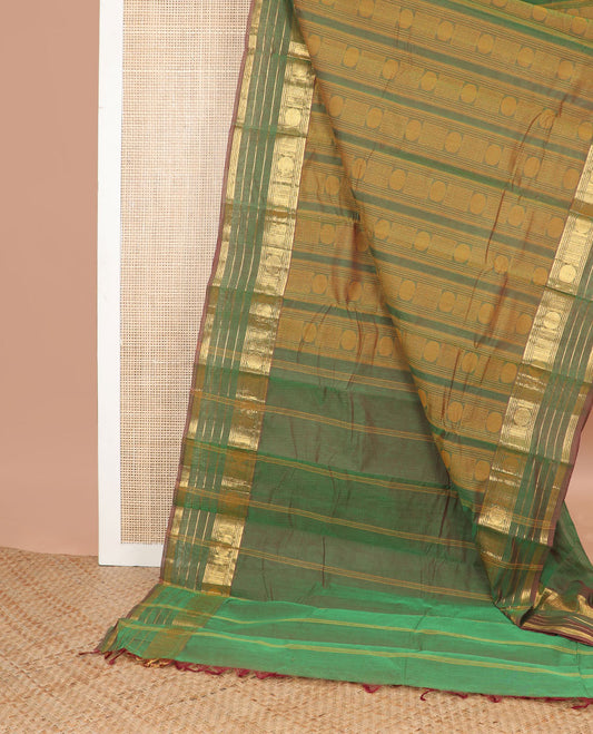 Green geometric design kanchi cotton saree with self intricate zari designb order & striped pallu