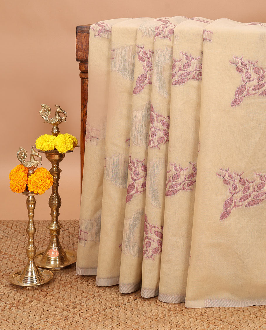 Borderless Cream with purple thread weaving design munga jute cotton saree with thread weaving pallu & plain blouse