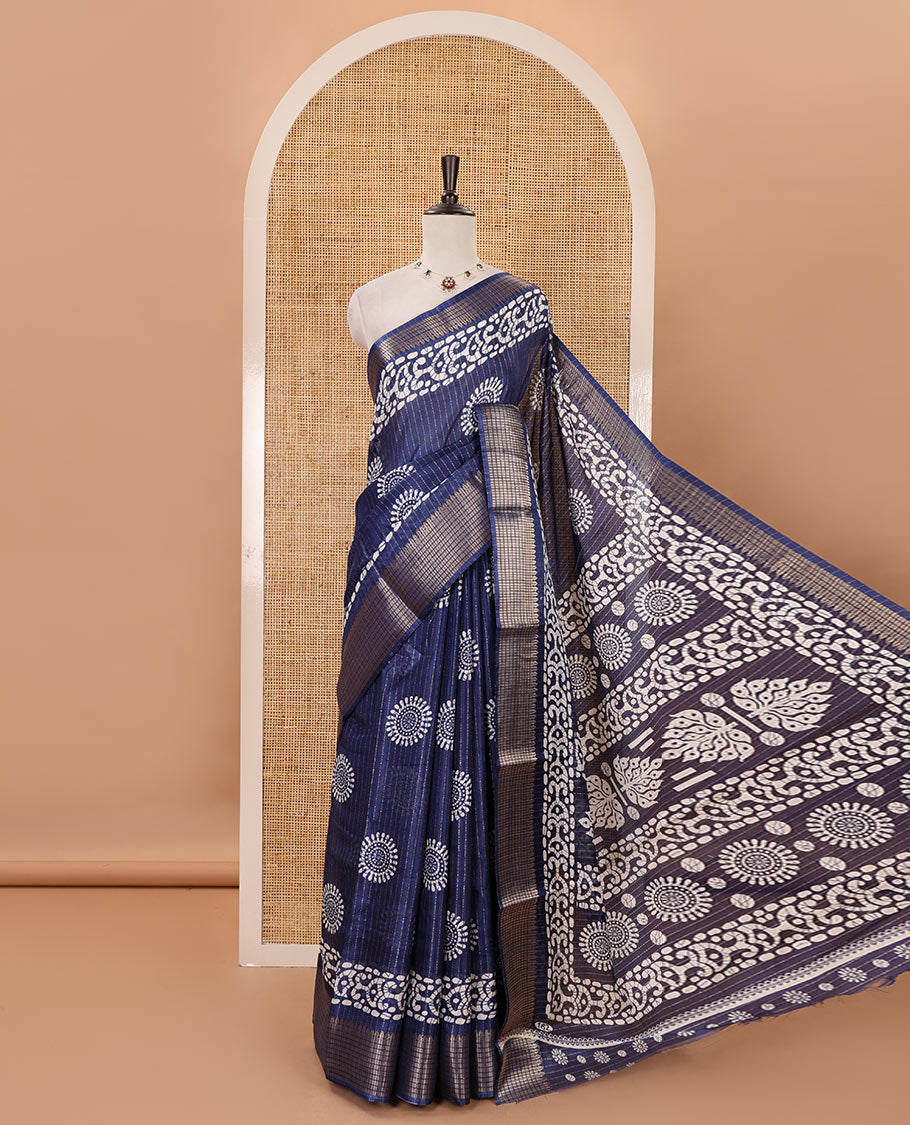 Navy blue golden zari striped & batik-printed dola silk saree, traditional zari border & batik printed pallu & matching batik printed blouse