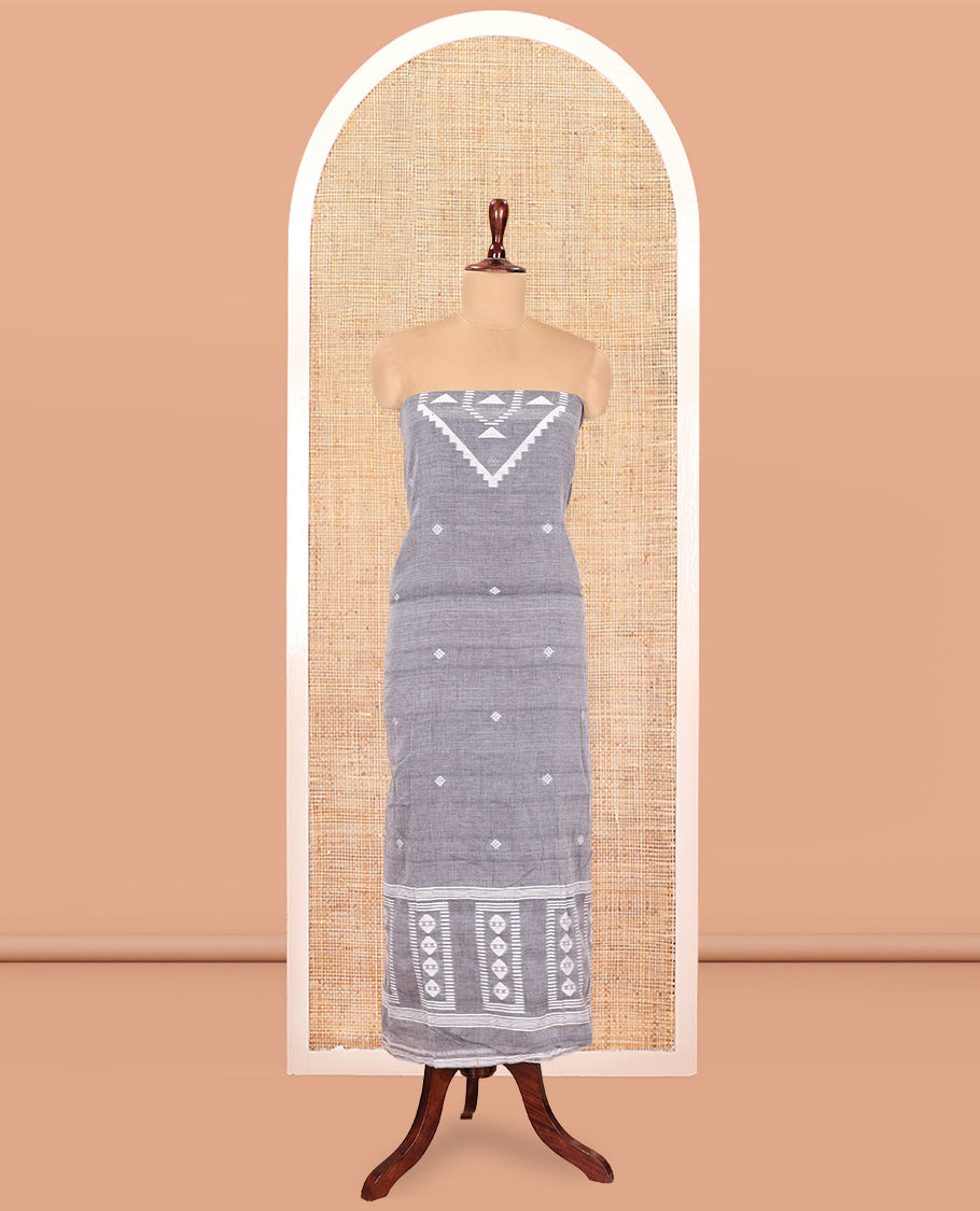 Grey Mul Cotton Material Chudidar Features Jamdani-Style Top, Striped Bottom, a Jamdani Dupatta