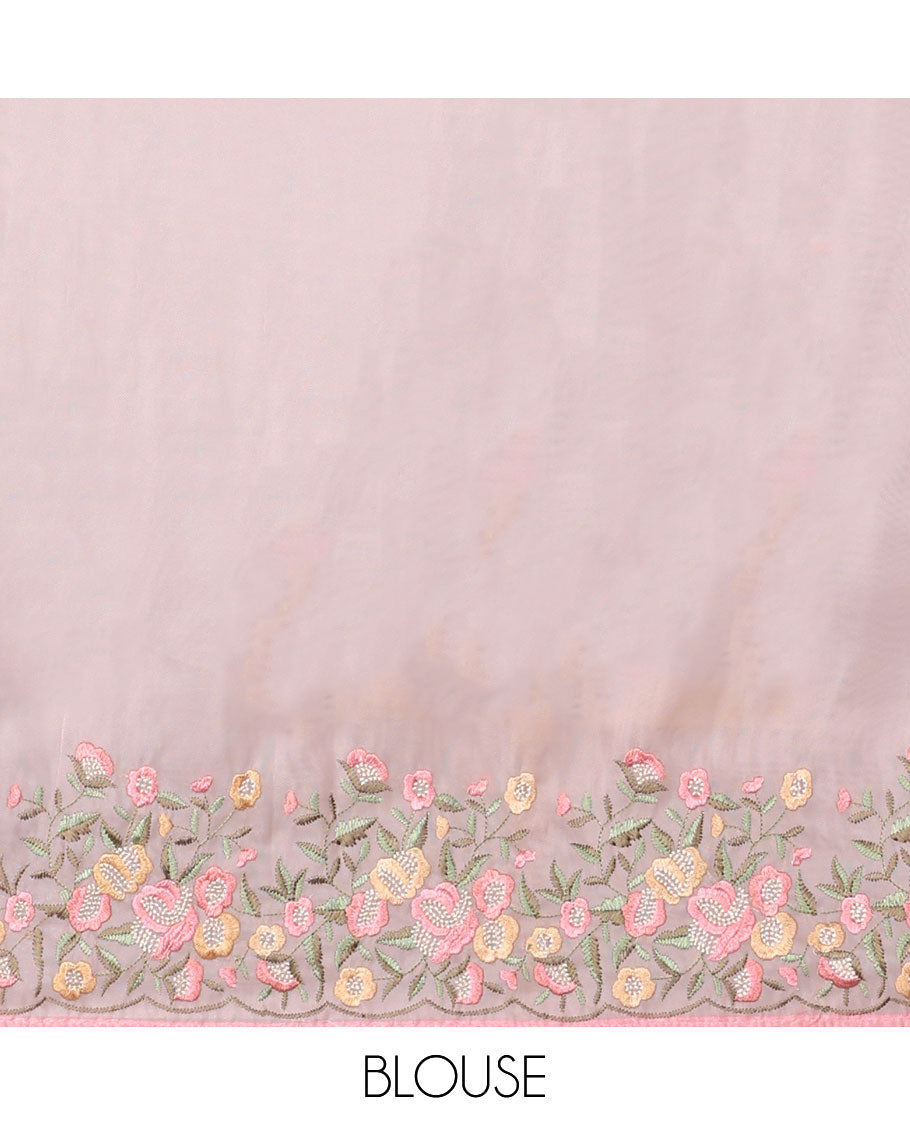 Pink motifs embroidery net designer saree with self floral border & floral embroidery pallu 