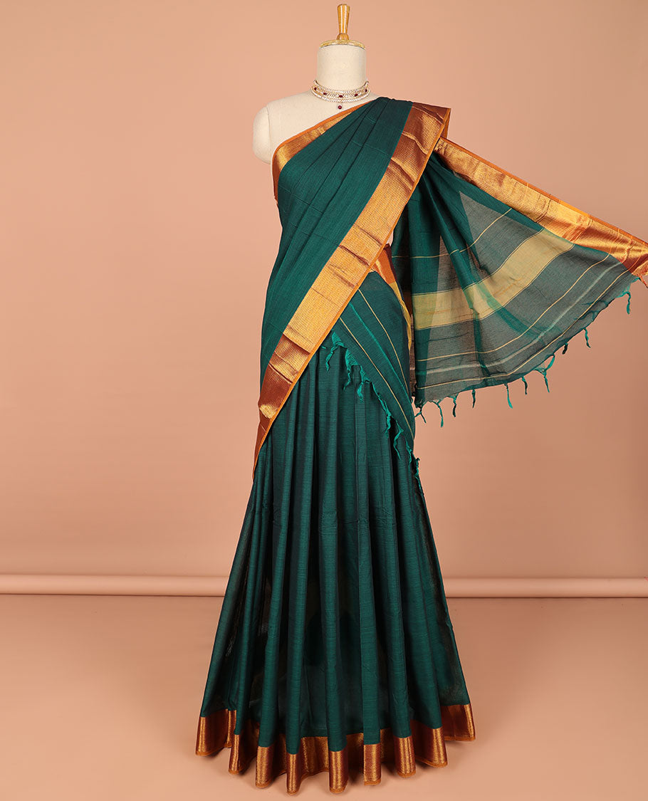 Blue cotton half saree contrast zari border with plain blouse & plain dhavani with zari designborder