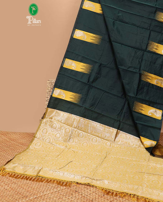 Green vaira ousi model design  litchi soft silk saree with self border of temple , white zari manga design & contrast pallu