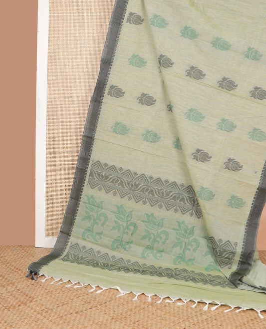 Green floral motifs kanchi cotton saree with contrast striped border & floral design pallu