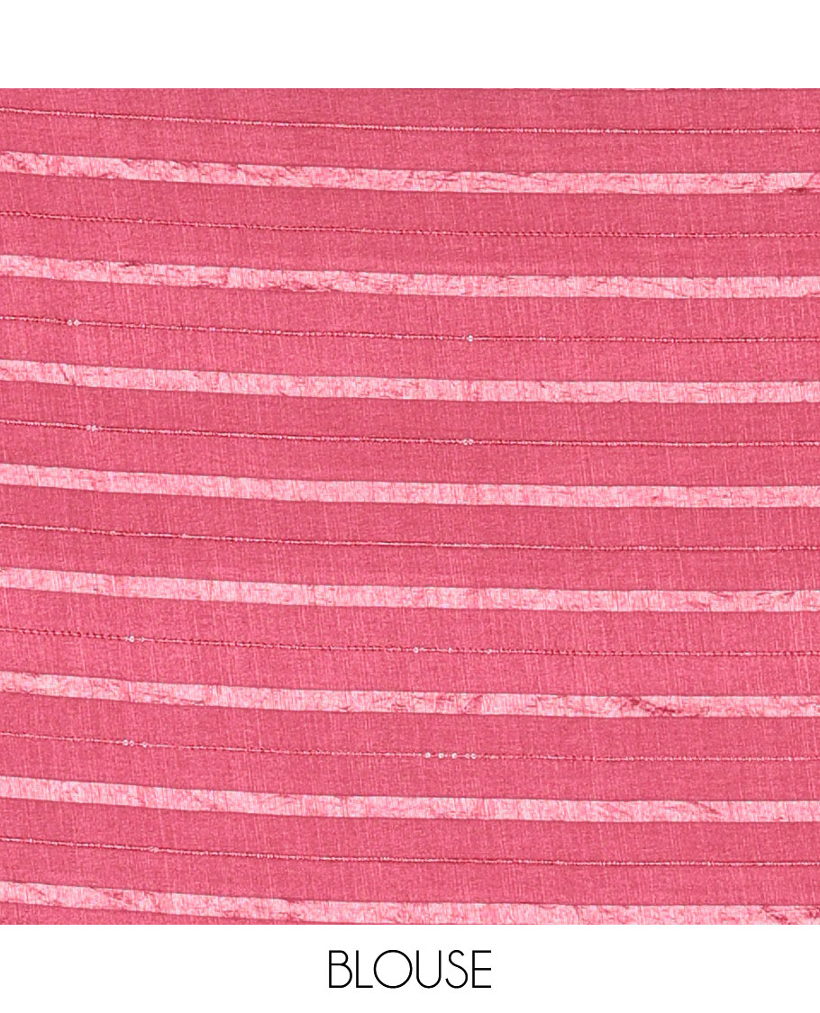 Borderless Onion Pink Vichitra Silk Saree, Embellished with Horizontal Stripes and Sequin Stripes, Paired with a Matching Blouse