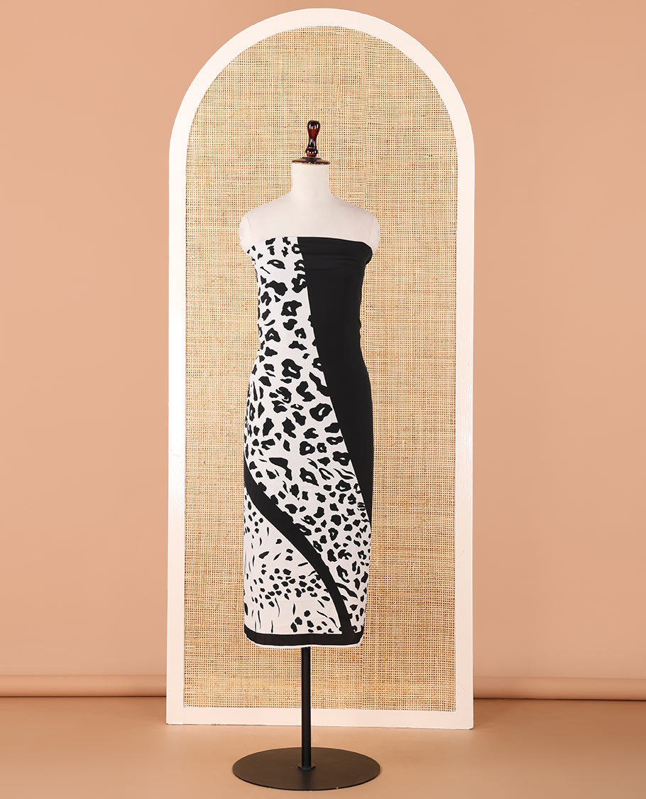Black & white chudidhar material,half-&-half Cheetah printed Italian crepe top,plain crepe bottom & Cheetah printed georgette dupatta