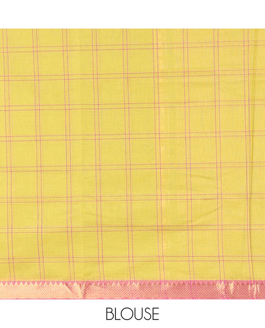 Green checked design khadi cotton saree with contrast zari border & zari design pallu