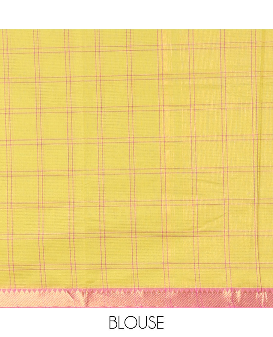 Green checked design khadi cotton saree with contrast zari border & zari design pallu