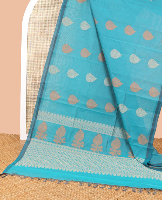 Blue floral design coimbatore cotton saree with contrast zari border & floral design pallu