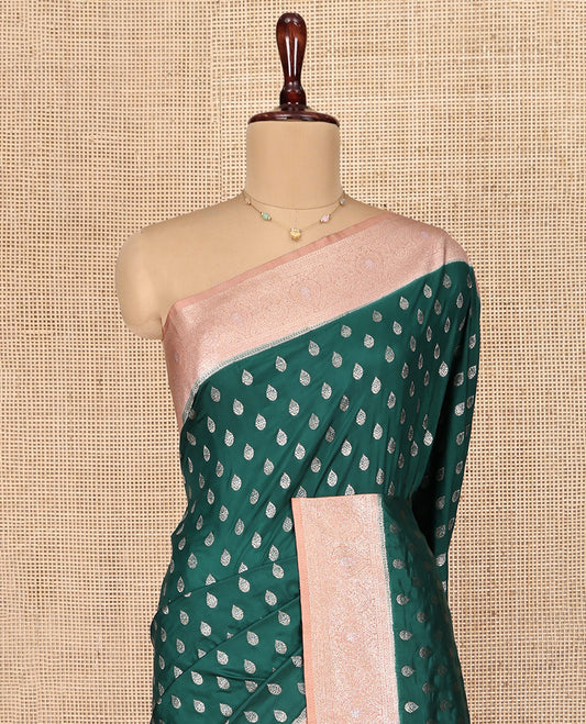 Green Semi-Banaras Dupion Saree, Meticulously Crafted with Buttas, Complemented by a Contrast Traditional Border, Grand Pallu, and a Contrast Blouse