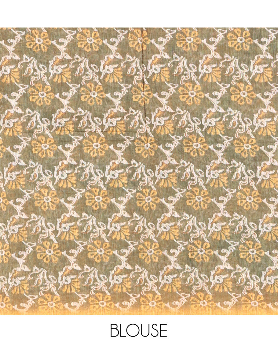 Mustard Linen Cotton Saree, Adorned with Shibori Print, Gold Piping Border, Contrast Floral Printed Pallu, and Contrast Floral Printed Blouse