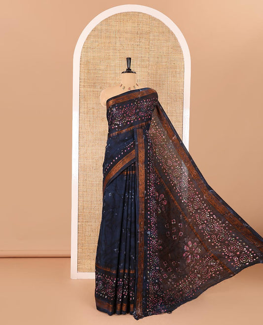 Blue shibori printed pure cotton saree, double side batik printed with traditional motifs border, floral printed pallu, and a shibori printed blouse