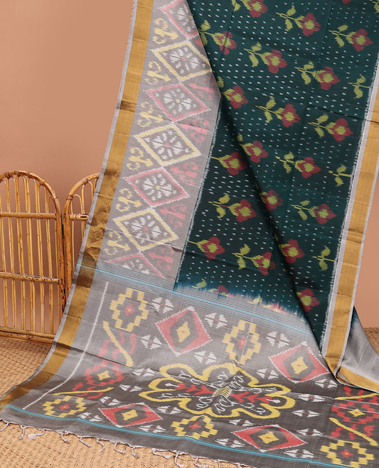 Green floral ikkat design soft silk saree, contrast ikkat design border & pallu of ikkat designs