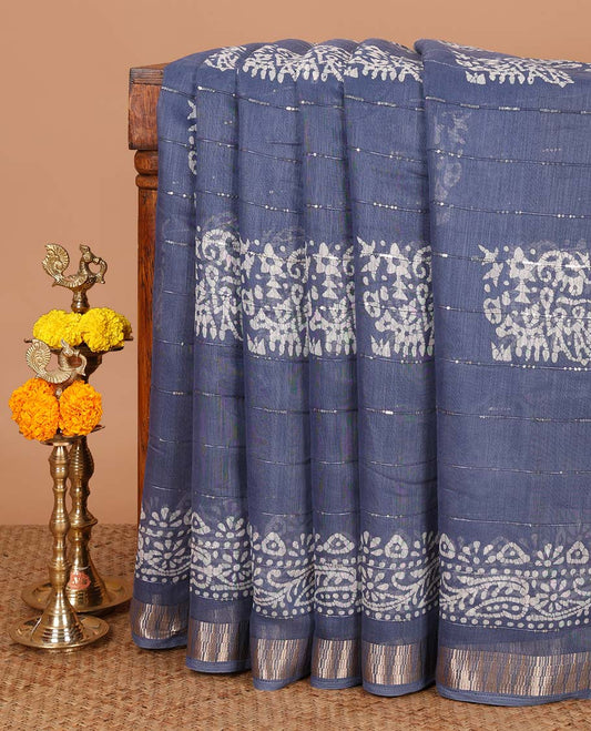 Blue pathik print, sequins work soft cotton saree with zari border & pathik printed pallu along with pathik printed blouse
