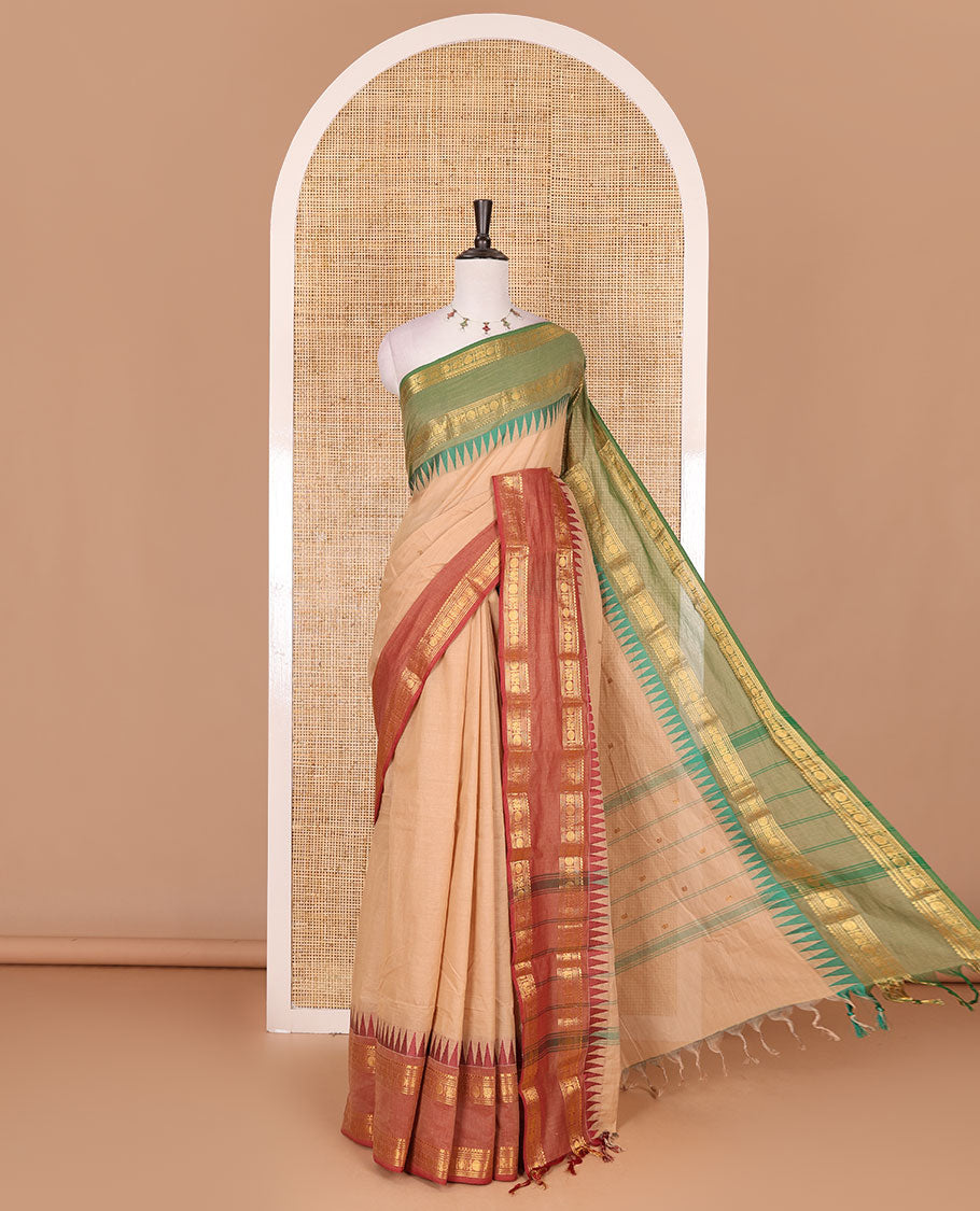 Sandal zari buttas Chettinad cotton saree, contrast ganga jamuna rettai rettu rudraksham motif zari temple border, striped pallu, and matching blouse