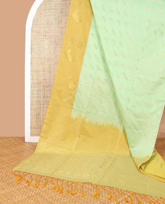 Mint green leaf buttas soft silk saree with contrast floral design border & floral jaal design pallu