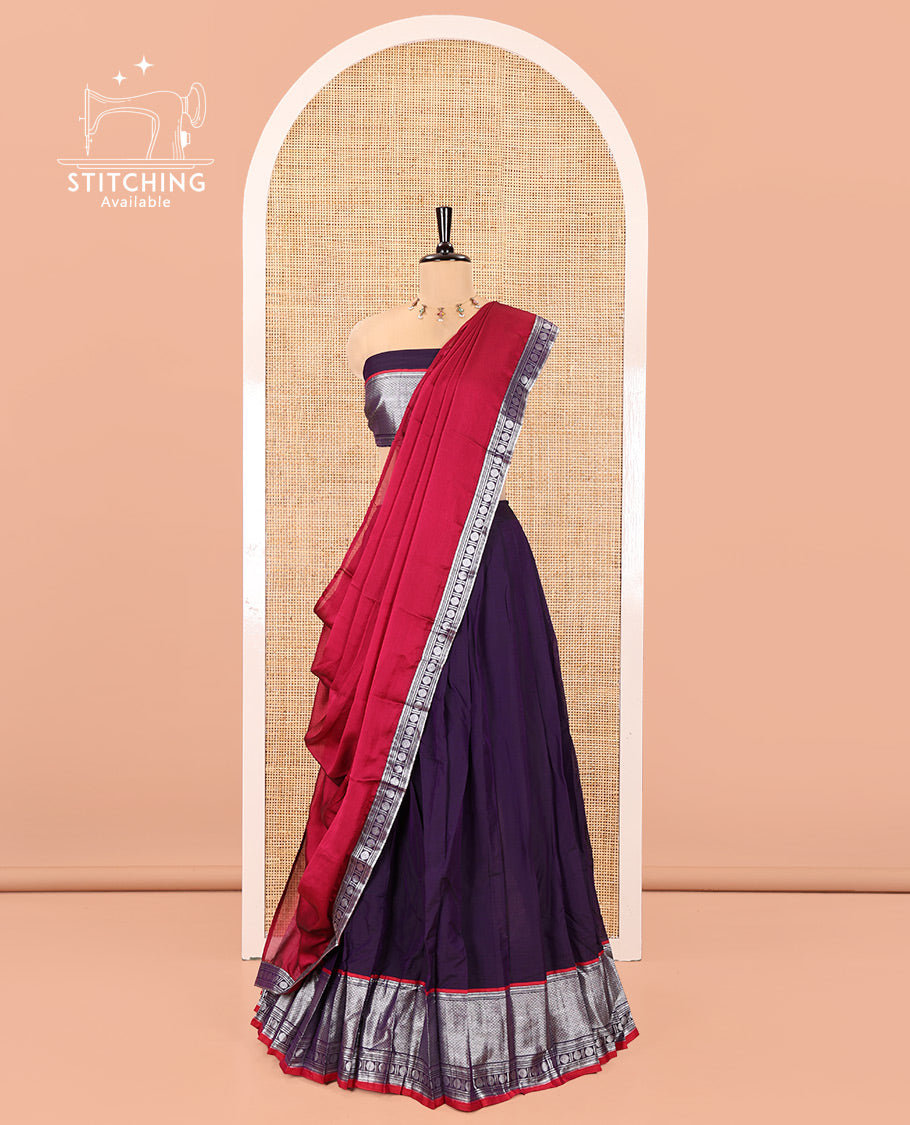 Deep Violet-Rani Pink Mercerised Cotton Half-Saree Features Plain with Contrast Traditional Zari Bordered Skirt, Paired with a Matching Blouse, and Comes with a Contrast Bordered Dhavani