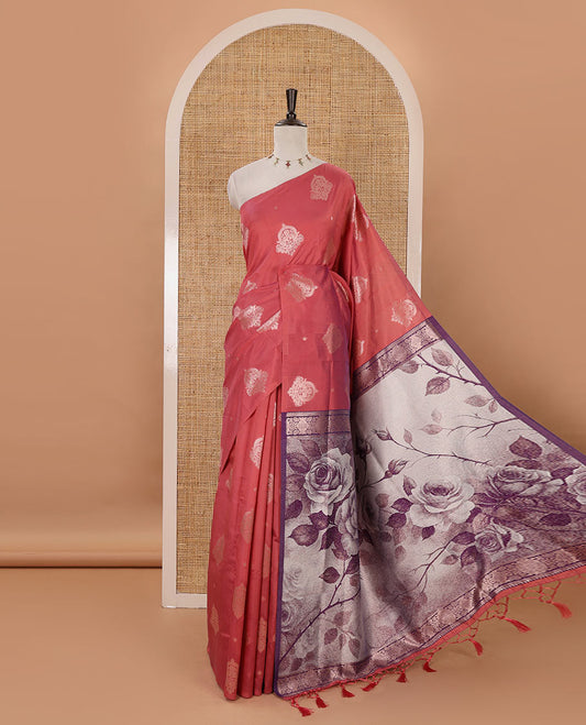 Borderless onion pink golden zari buttas woven mulberry silk saree, contrast rose floral digitally woven pallu & zari design blouse