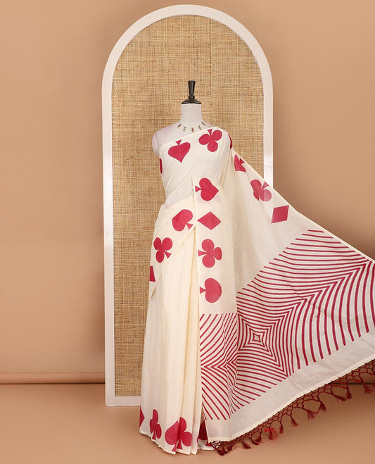 Cream-maroon plain Kerala cotton saree, contrast color cards-theme printed border of Diamonds, Clubs, and Spades, leheriya-striped pallu, and plain blouse