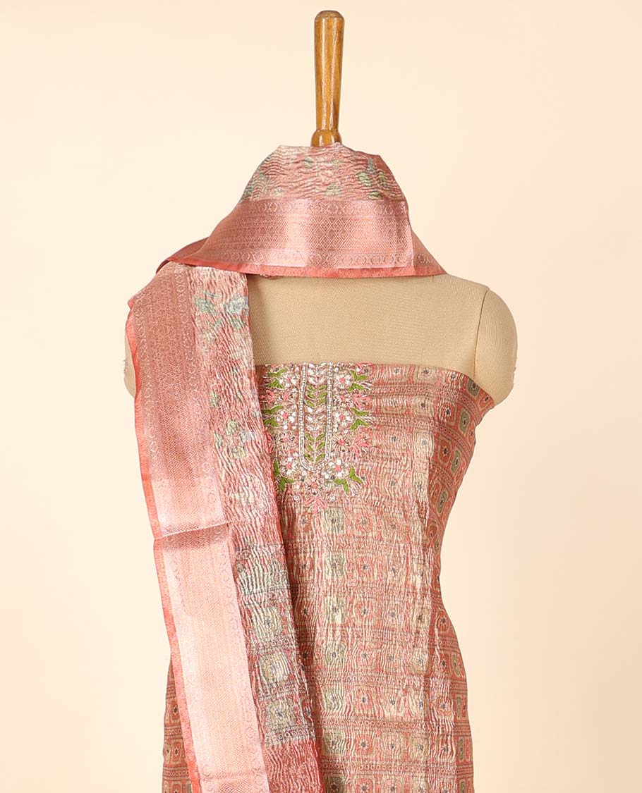 Red material chudidhar set, jacquard & embroidery top, plain bottom & floral print dupatta