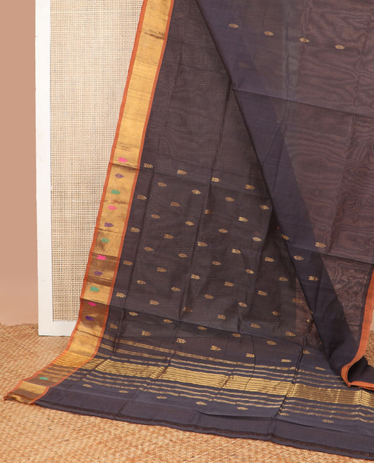 Black motifs venkatagiri cotton saree with contrast zari border & striped, motifs pallu
