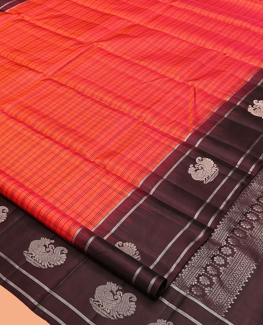 Red Kanchipuram Silk Saree, Elevated with Checks, Complemented By Contrast Zari Border of Mayil Design, Intricate Pallu, and a Contrast Blouse