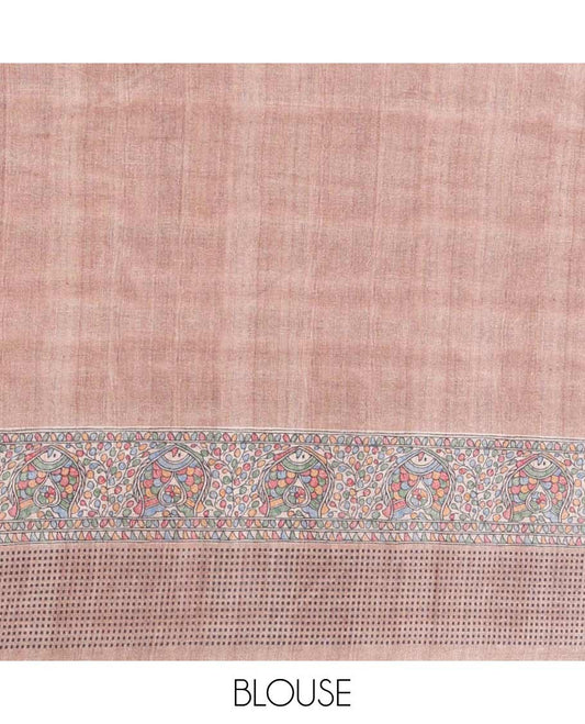 Chikku color madhubani printed semi tussar saree with double butta, madhubani printed border & madhubani printed pallu along with plain blouse