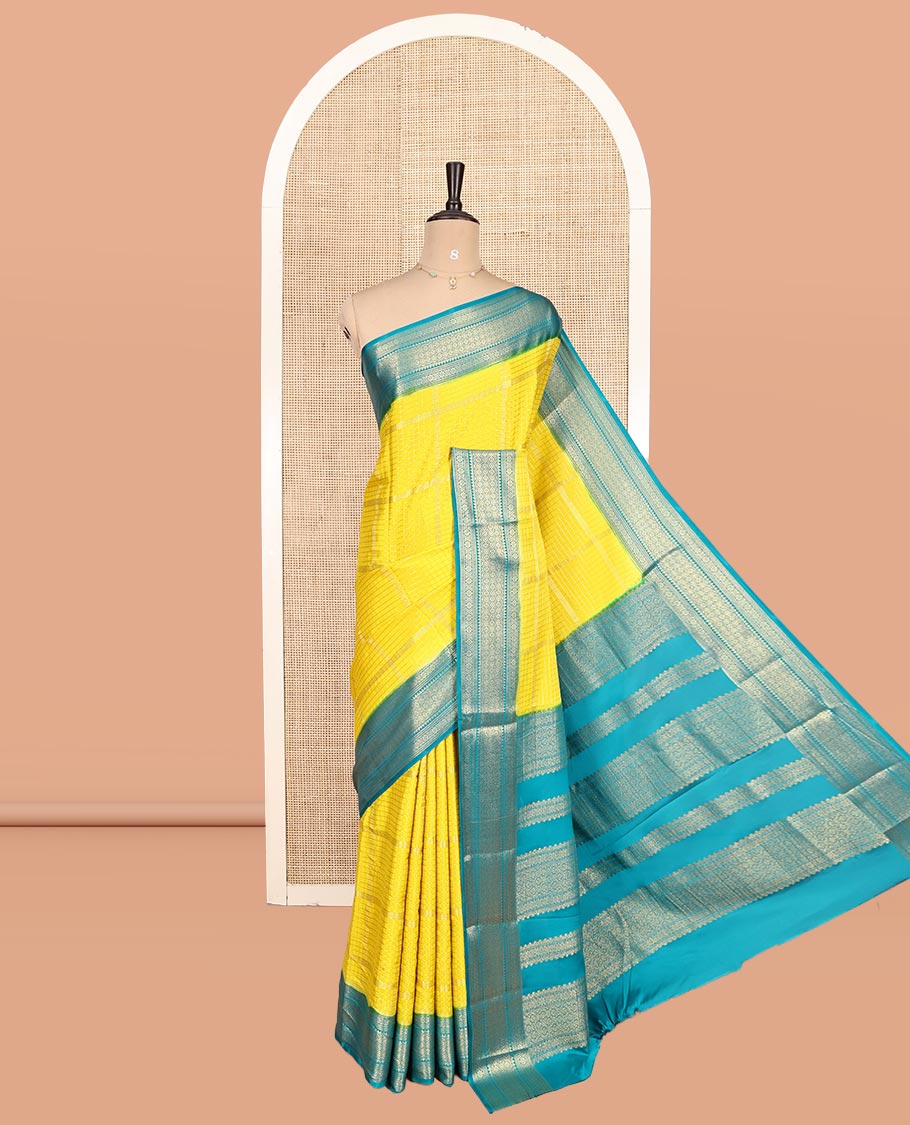 Yellow Fancy Mysore Silk Saree Features Zari Checks, Contrast Traditional Border, Grand Pallu, Contrast Blouse