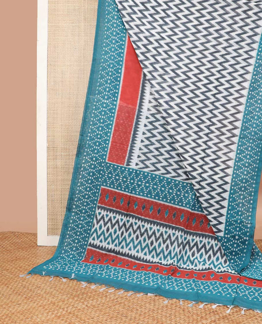 White chevron design mul mul cotton saree with contrast geometric design border & geometric design pallu