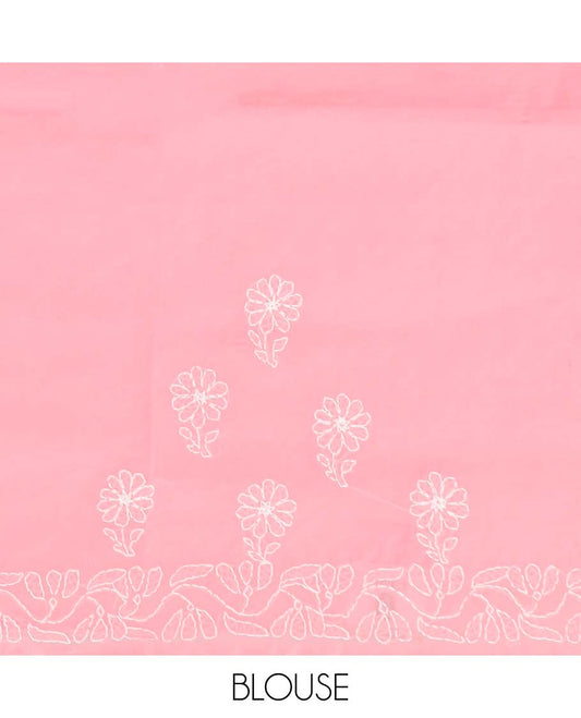 Light pink  floral thread embroidery chikankari cotton saree with self embroidery border with floral design embroidery pallu