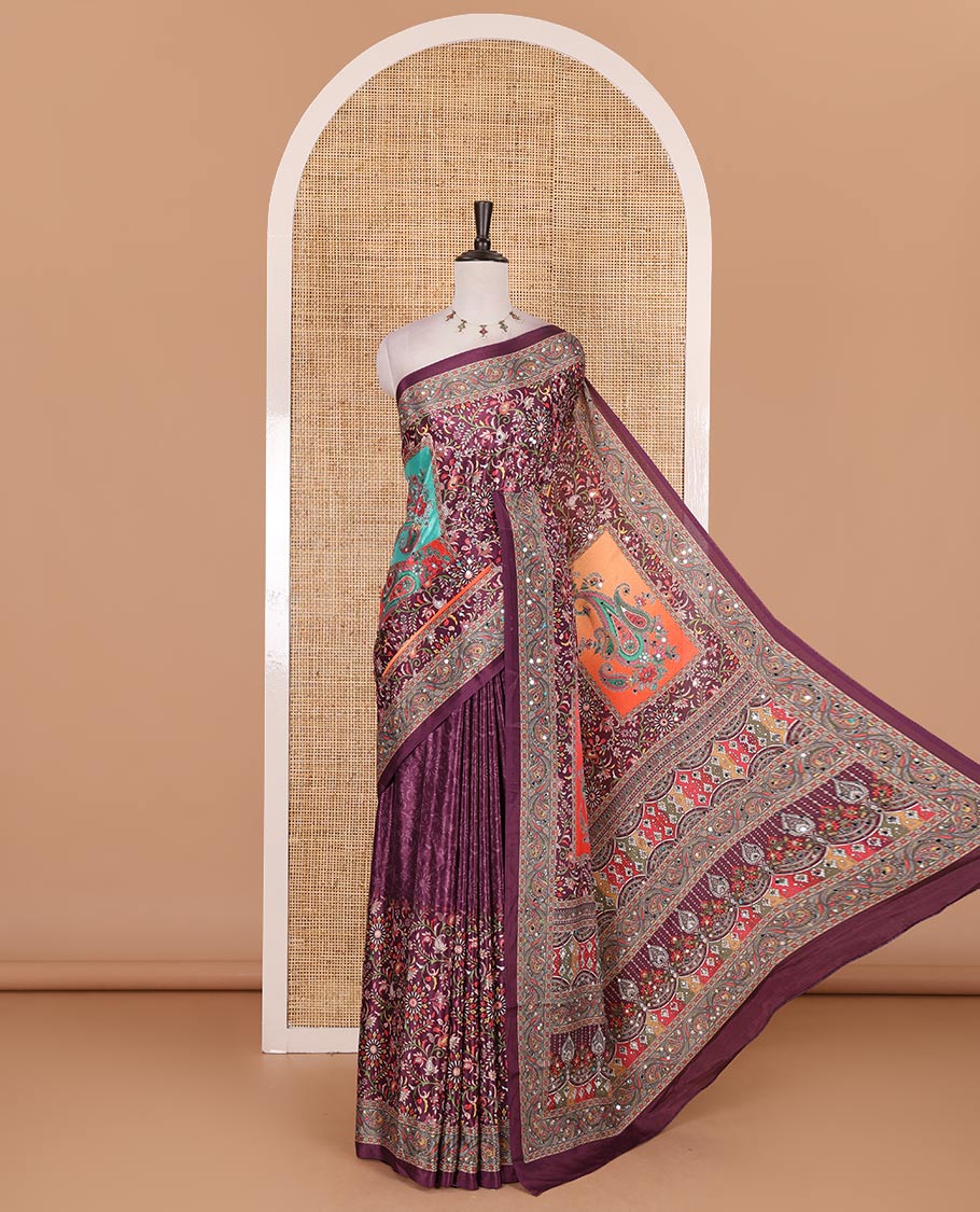 Purple floral-paisleys printed and mirror work masakali saree, printed border, printed and mirror work pallu, and a matching printed blouse