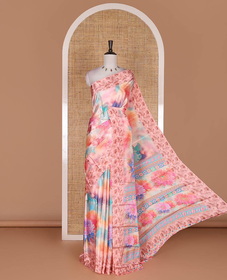 Pink colorful, floral printed turkey crepe saree, floral printed border, pallu, and contrast flower motifs printed blouse