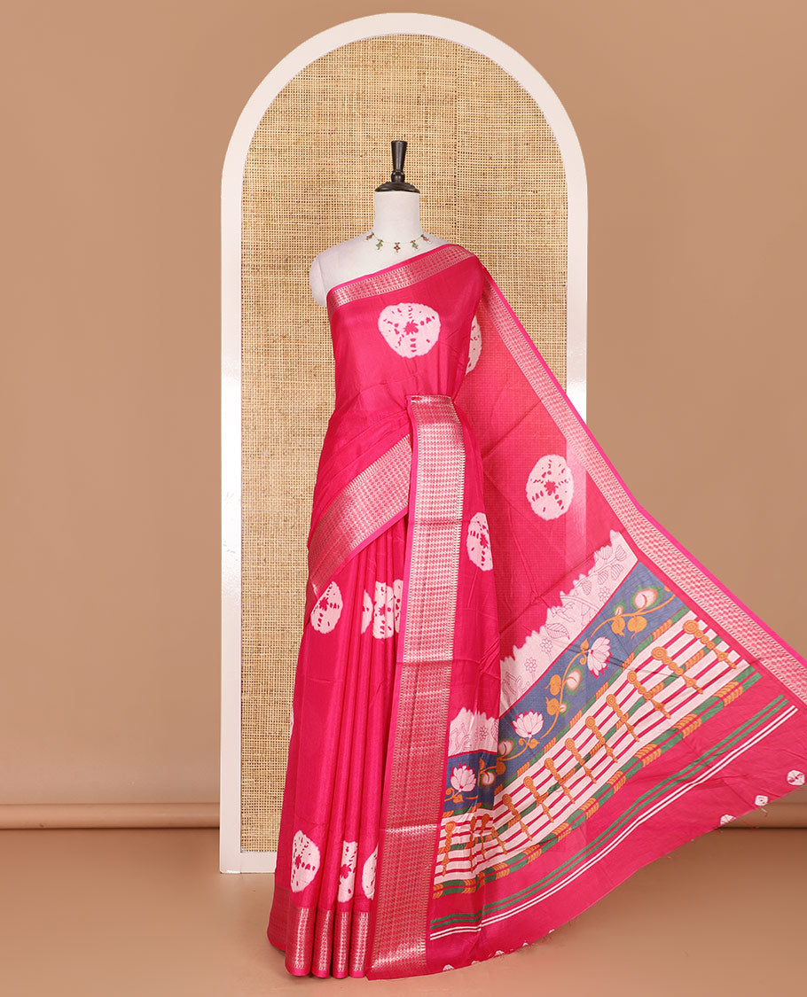 Pink shibori printed dola silk saree, traditional zari border, printed pallu, and blouse of print, and zari work