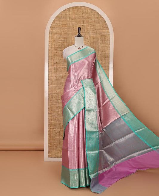 Lavender zari jacquard tissue banaras saree, contrast traditional zari design border, intricate pallu & contrast jacquard blouse
