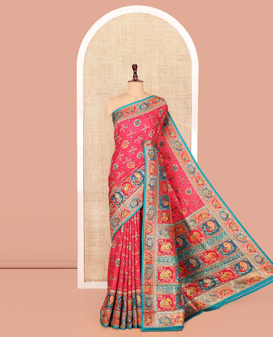 Pink Dola Silk Saree, Mesmerized with Colorful Motifs Printed on Its Body, Complemented by Contrast Peacock-Elephant Border, Pallu of Butta Enclosed Checked Print, and Paired with a Contrast Blouse