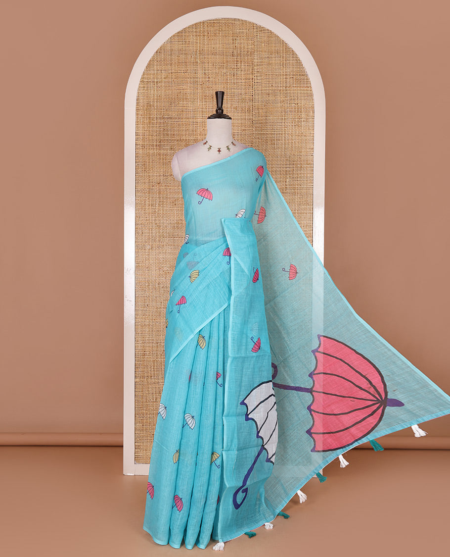Borderless sky blue umbrella motifs printed linen cotton saree, self-pallu of big umbrella motifs and contrast blouse