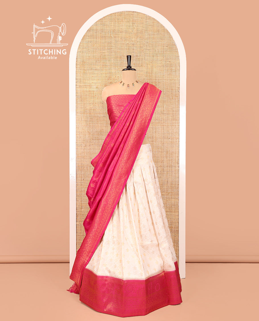 Cream-Magenta Banarasi Softy Half-Saree, Adorned with Jacquard, Contrast Traditional Border, Jacquard Blouse, Intricate Dhavani