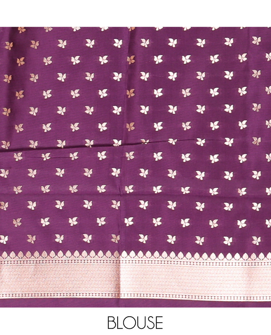 Borderless Dark Violet Elite Soft Silk Saree, Mesmerized with Leaf Motifs, a Self-Pallu of Floral Designs, and a Matching Blouse