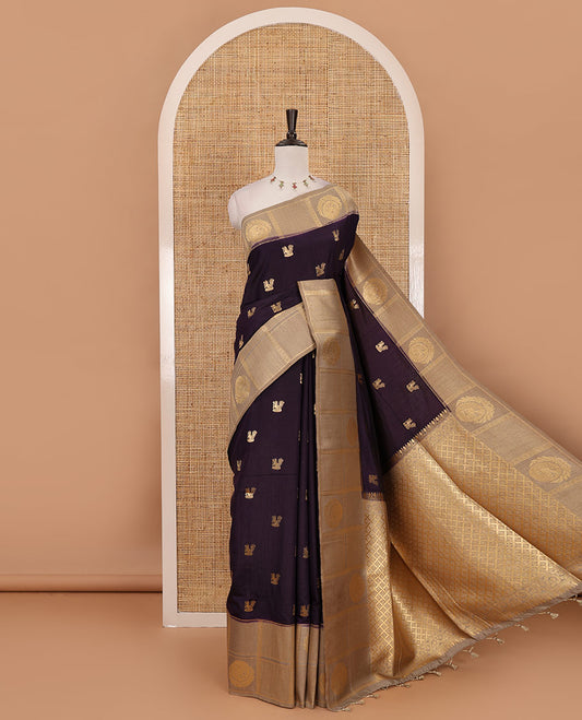 Dark purple peacock buttas dola silk saree, contrast kanchipuram-style traditional zari border, zari pallu & contrast zari border blouse