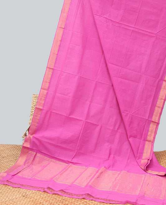 Pink mangalagiri cotton saree with contrast zari design border & striped pallu