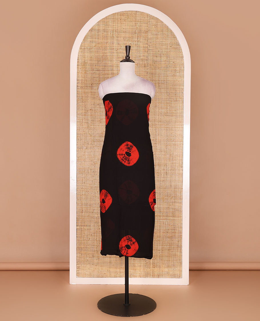 Black and red viscose georgette material churidar set, big bandhani dots printed top, plain bottom, and big bandhani dots printed dupatta