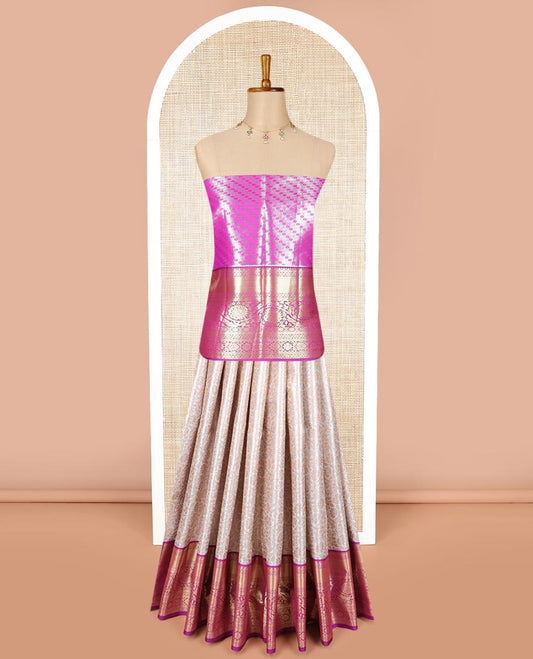Cream floral jacquard art silk half saree with zari design border, zari design blouse plain, floral design dhavani