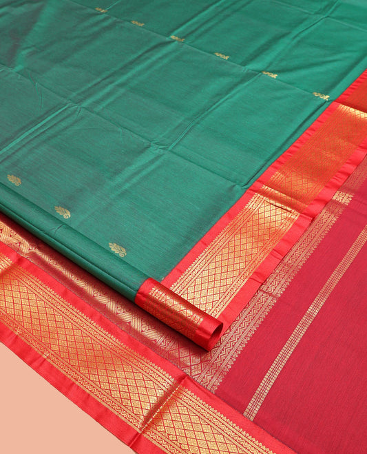 Green Nine-Yard Art Silk Saree, Bedecked with Buttas All Over Its Body, Complemented by a Contrast Traditional Zari Design Border, Gandly Jaal Pallu, and Comes Without a Blouse