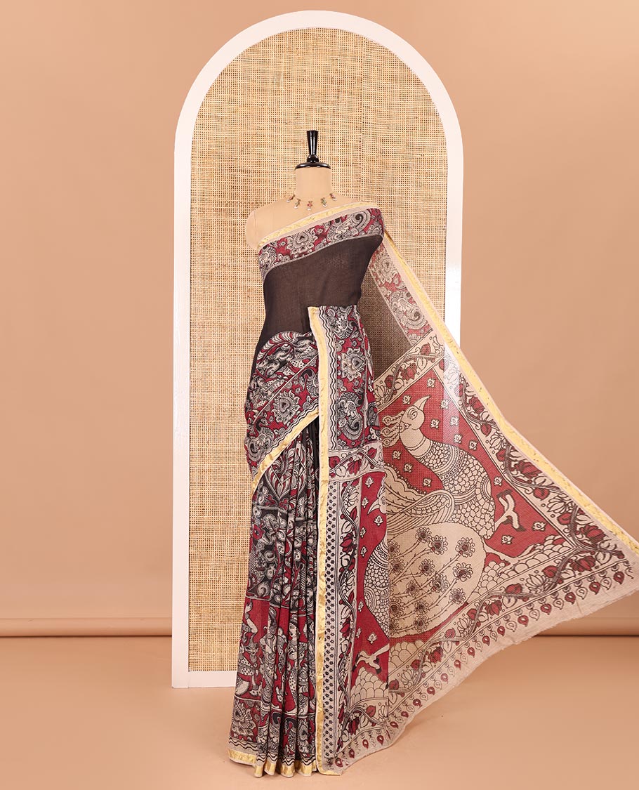 Purple kalamkari floral, peacock, and human figurines printed Kota cotton saree, contrast printed border, peacock printed pallu, and a contrast floral printed blouse