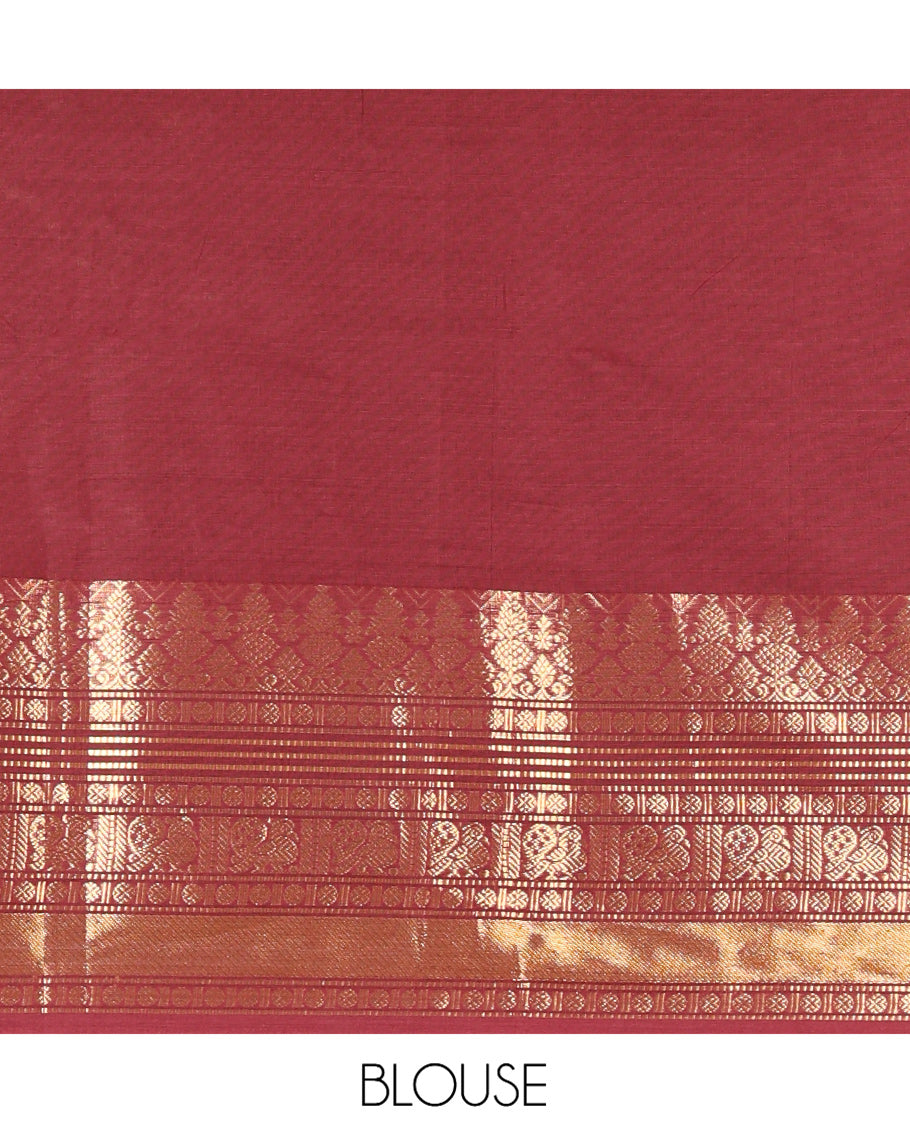Maroon Plain Chettinad Cotton Saree, Highlighted by Traditional Kanchi Border, Striped Pallu, a Matching Blouse