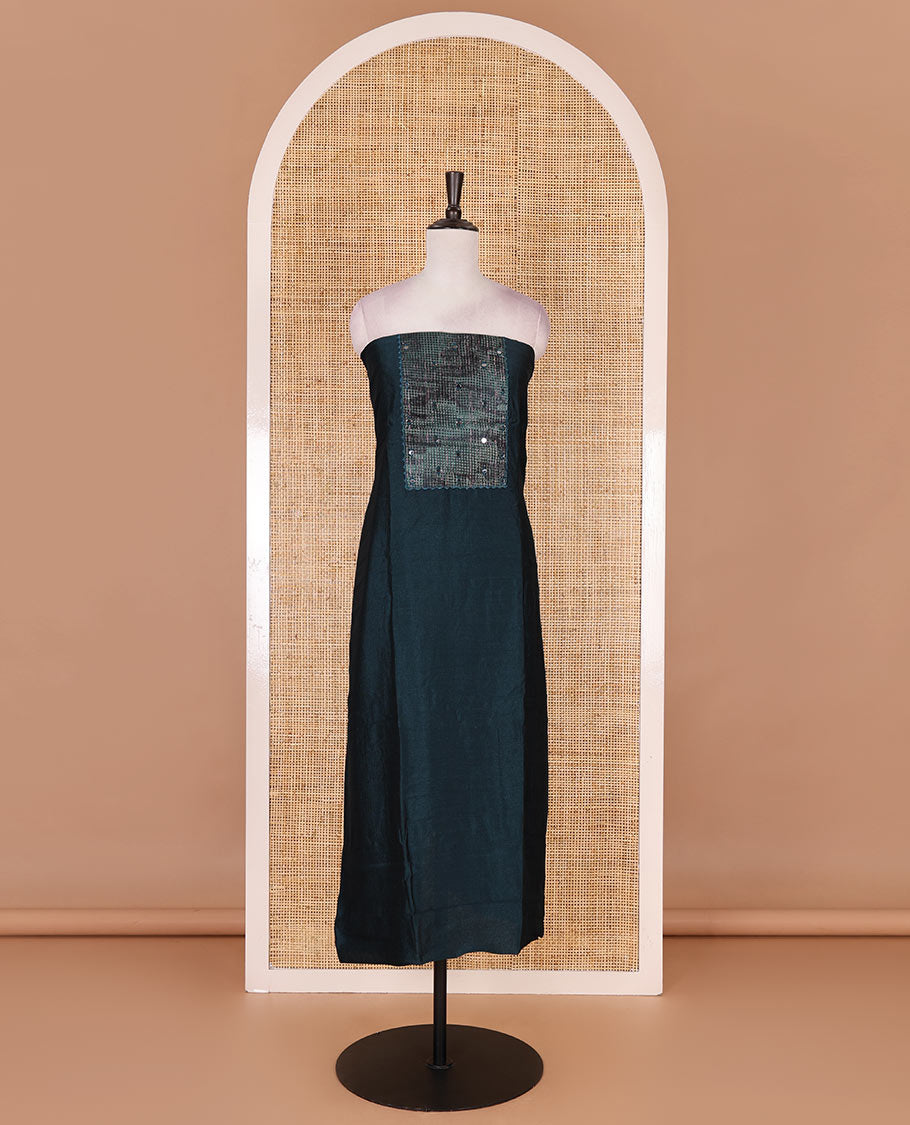 Peacock green material chudidar set, abstract printed with mirrorwork vichitra silk top, santoon bottom, and abstract printed shimmer georgette dupatta