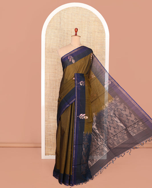 Green Silk Cotton Saree, Embellished with Zari Buttas All Over Its Body, Complemented by a Contrast Floral  Design Border, Pallu of Zari Designs, and Paired with a Contrast Blouse